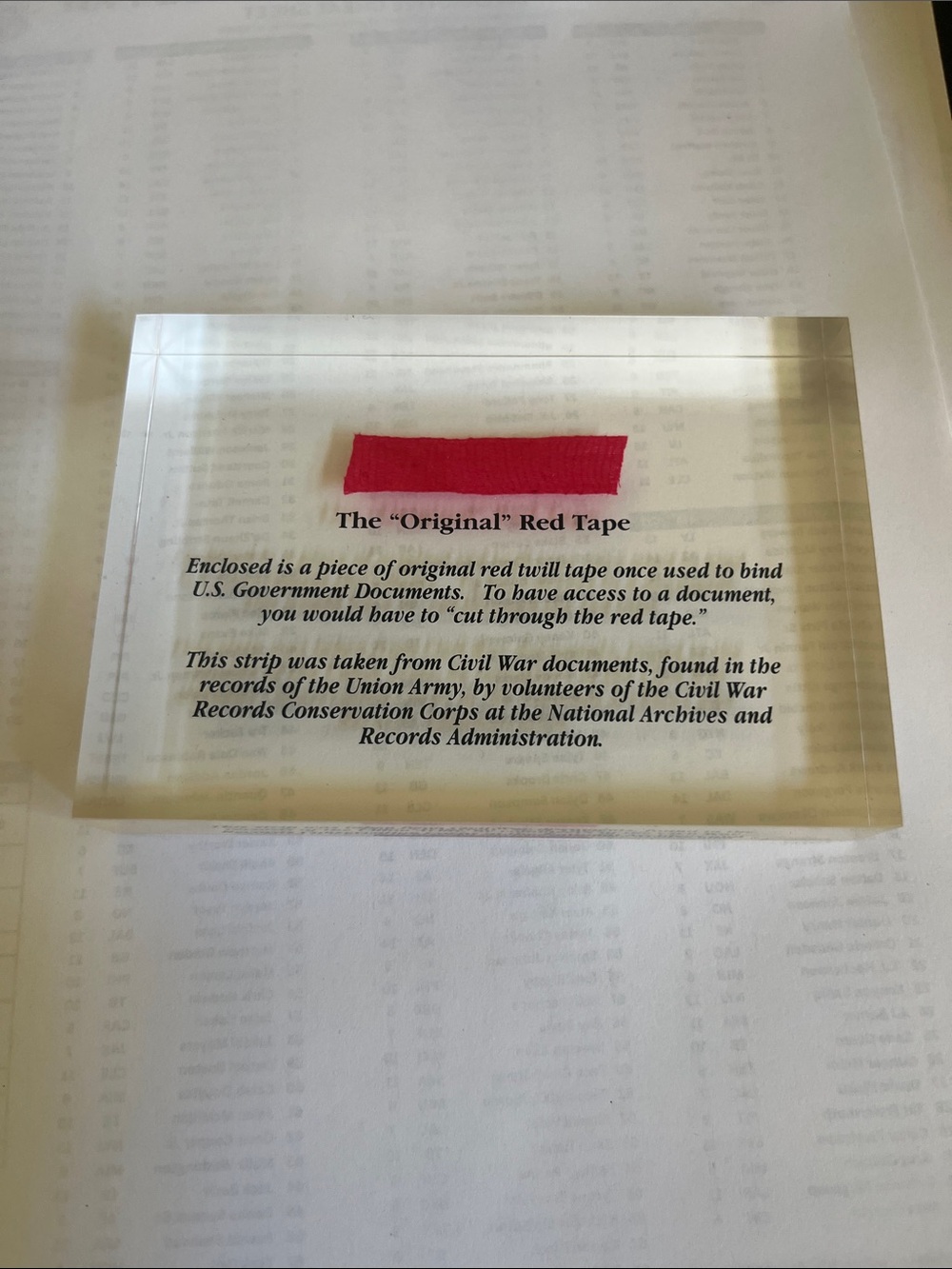 Acrylic Display Block with Original Red Tape Accent